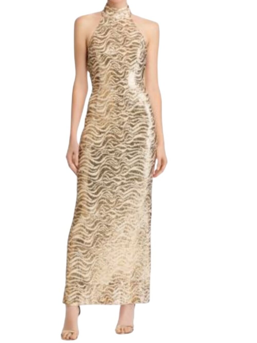 Ramy Brook Liliane Gold Sequin Halter Backless Animal Pattern Gown Maxi Dress 6